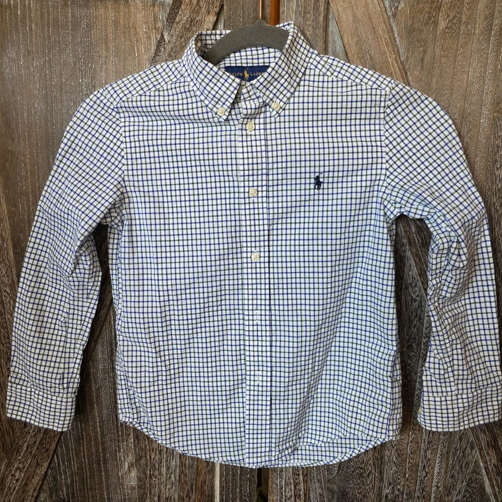 Ralph Lauren Shirt Boy's Size 7 White Blue Plaid Check Button Up Natural Stretch